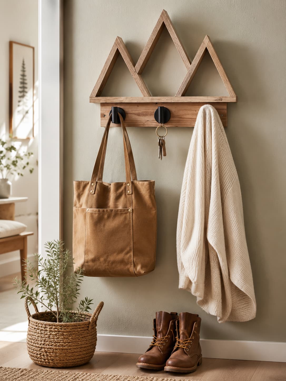 A mountain-shaped coat rack in a cozy entryway