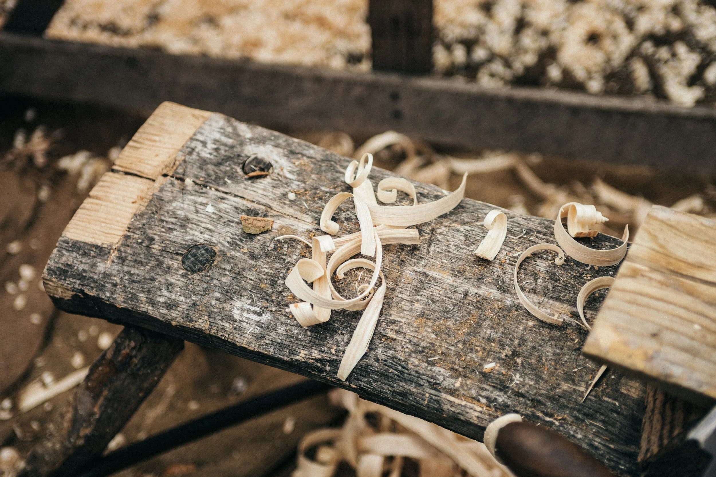 Wood shavings on a weathered woodworking bench